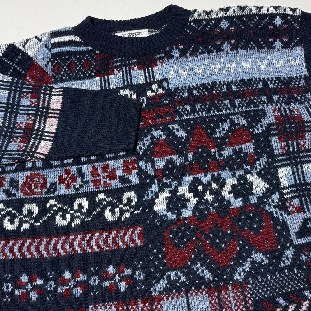 Vintage (90's) Northwest Blue Sweater Mens Large Geometric Crewneck Made in‎ USA
